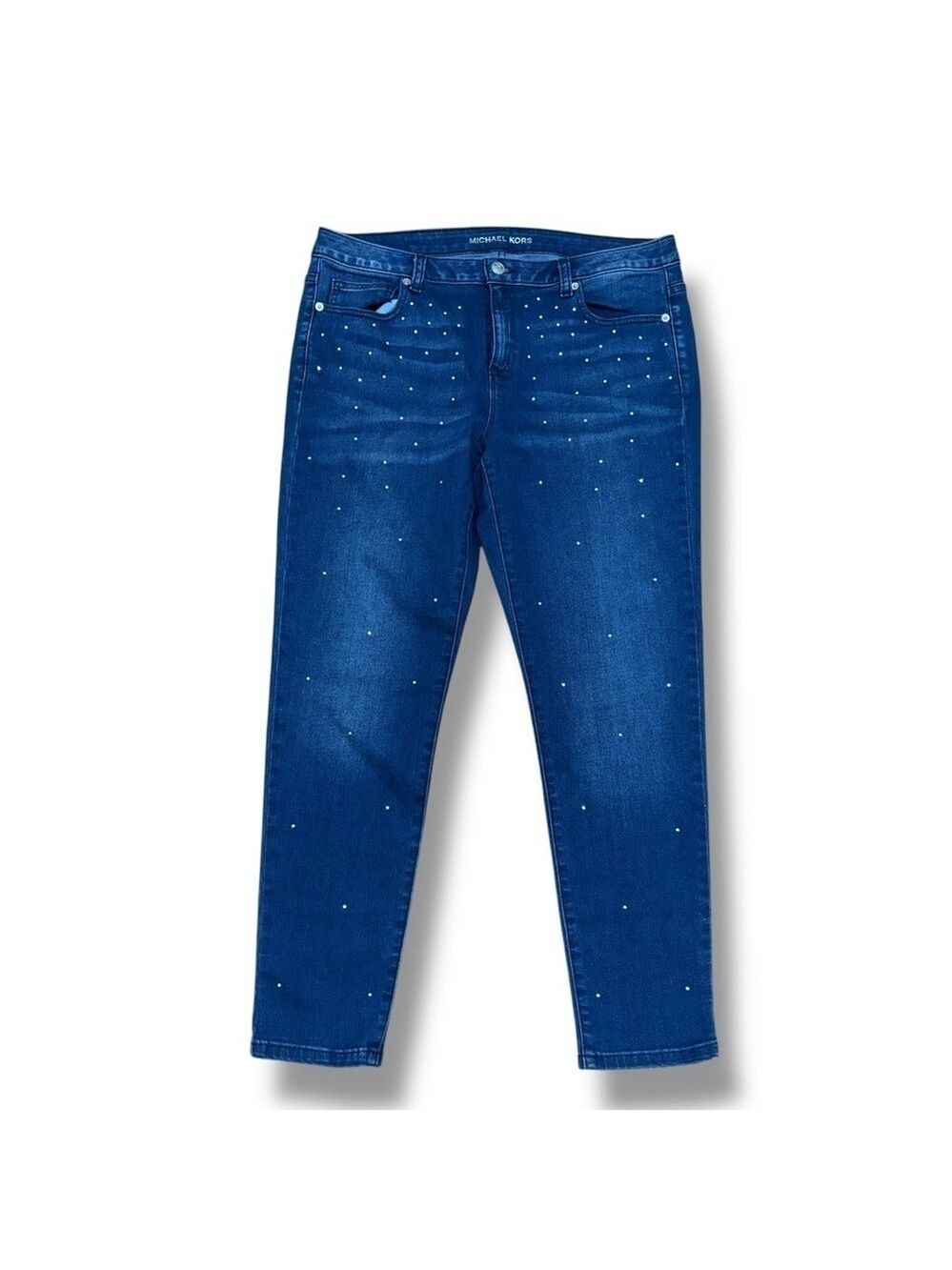 NWT Michael Kors Blue Denim Silver Studded Stretchy Midrise Cropped Jeans - 10